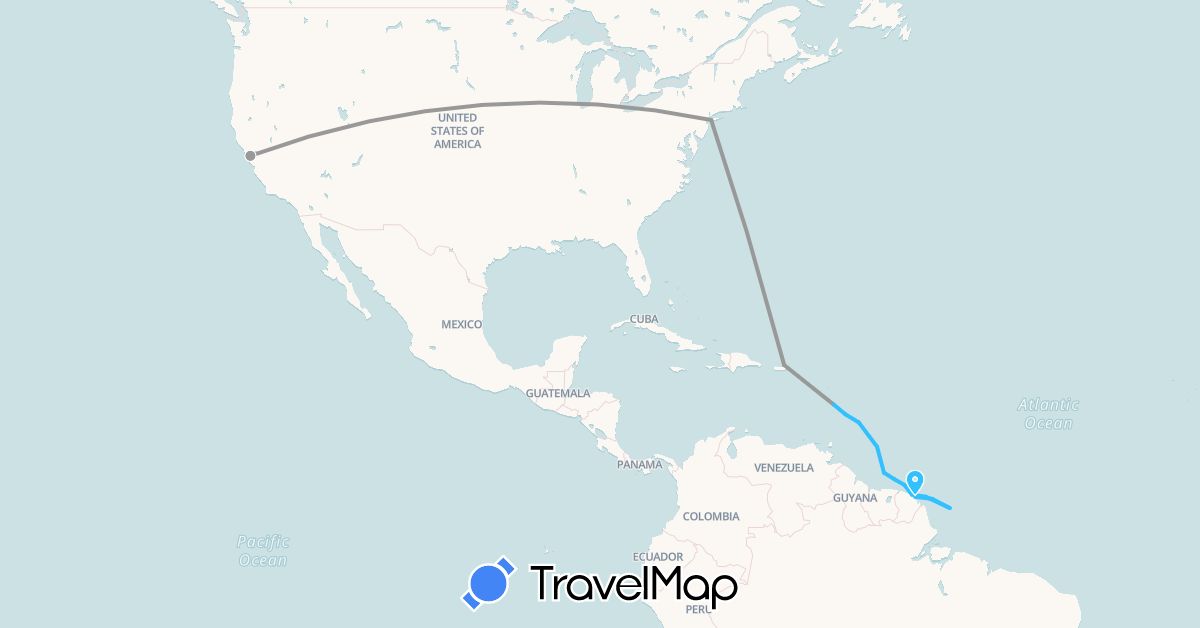 TravelMap itinerary: plane, boat in French Guiana, Martinique, Puerto Rico, United States (North America, South America)